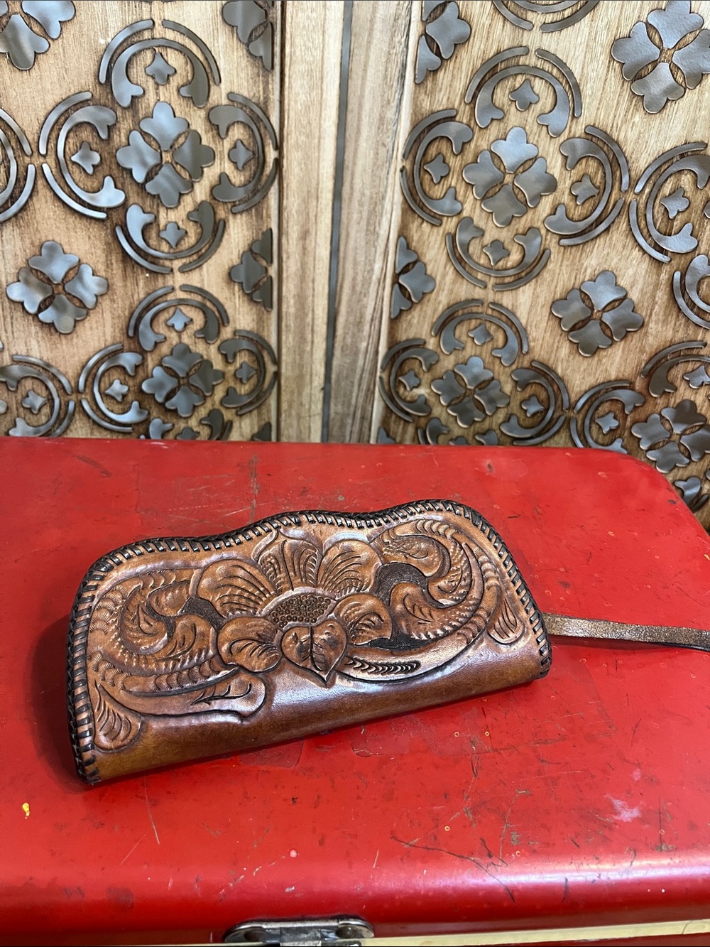 Vintage 1970s Hand-Tooled Leather Wristlet Clutch